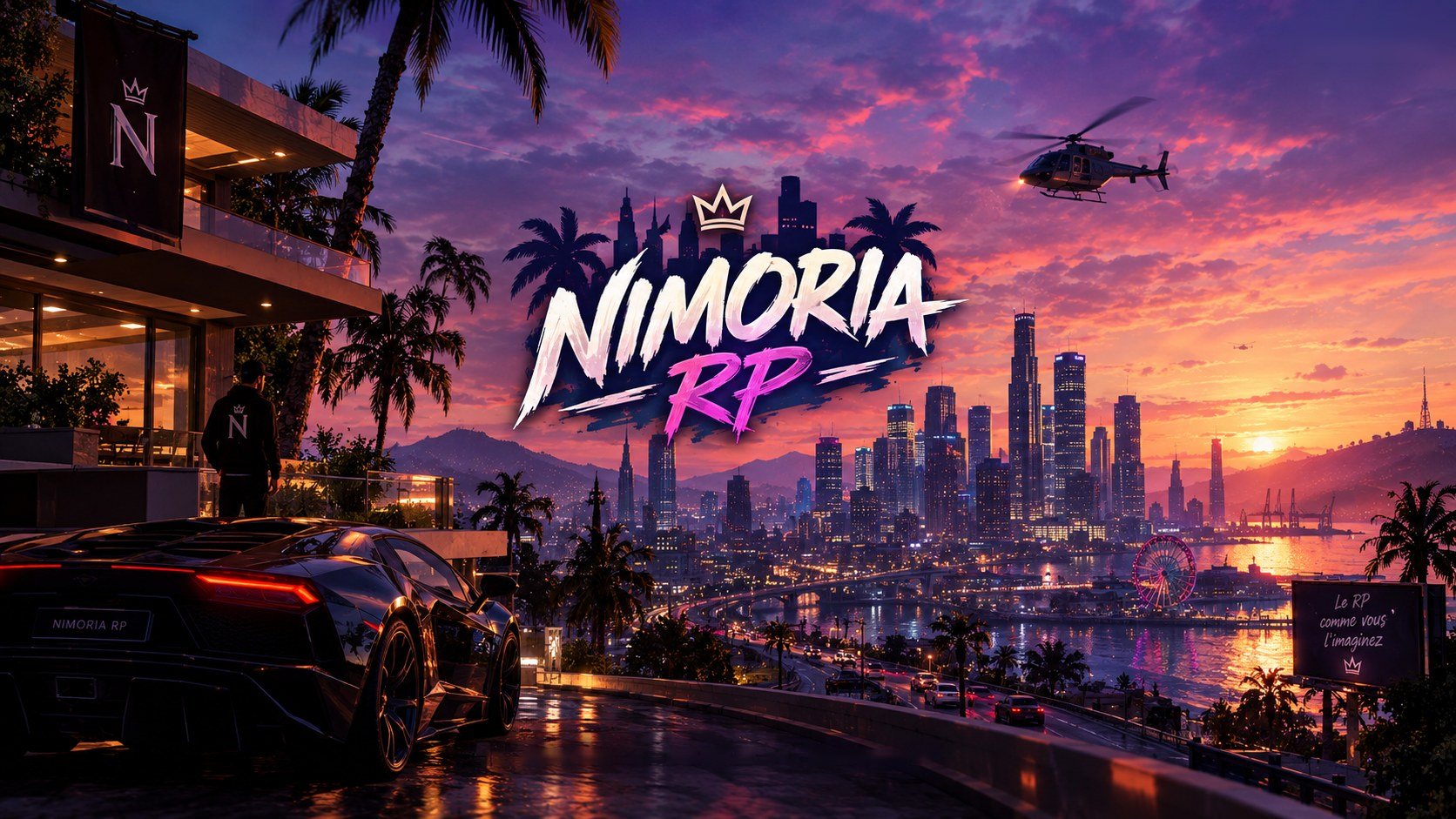 Le logo Nimoria RP au-dessus d'une ville côtière au coucher du soleil, avec ses gratte-ciel, un hélicoptère et une voiture de sport sur une terrasse.